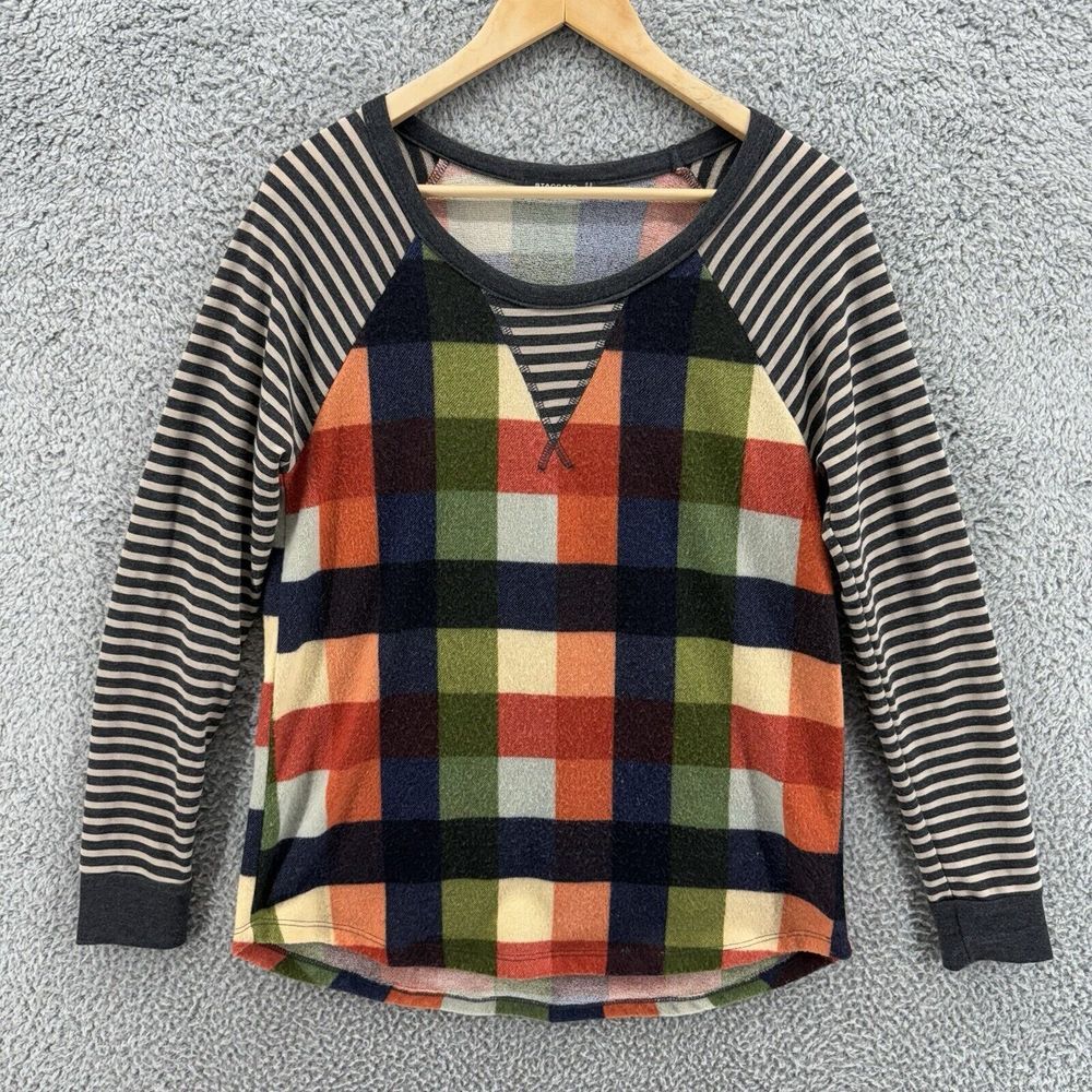 Staccato Women's Medium Multicolor Plaid White Black‎ Striped Long Sleeve Top